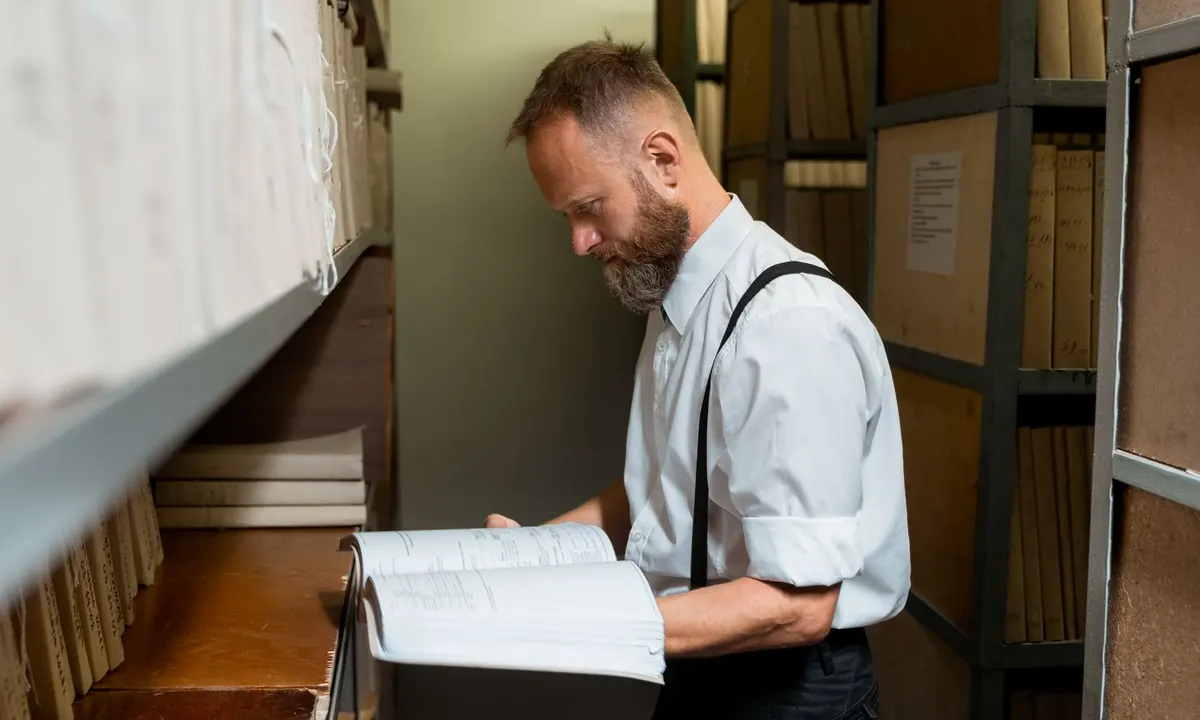 A man reading a large bound record book between archive shelves of filed documents