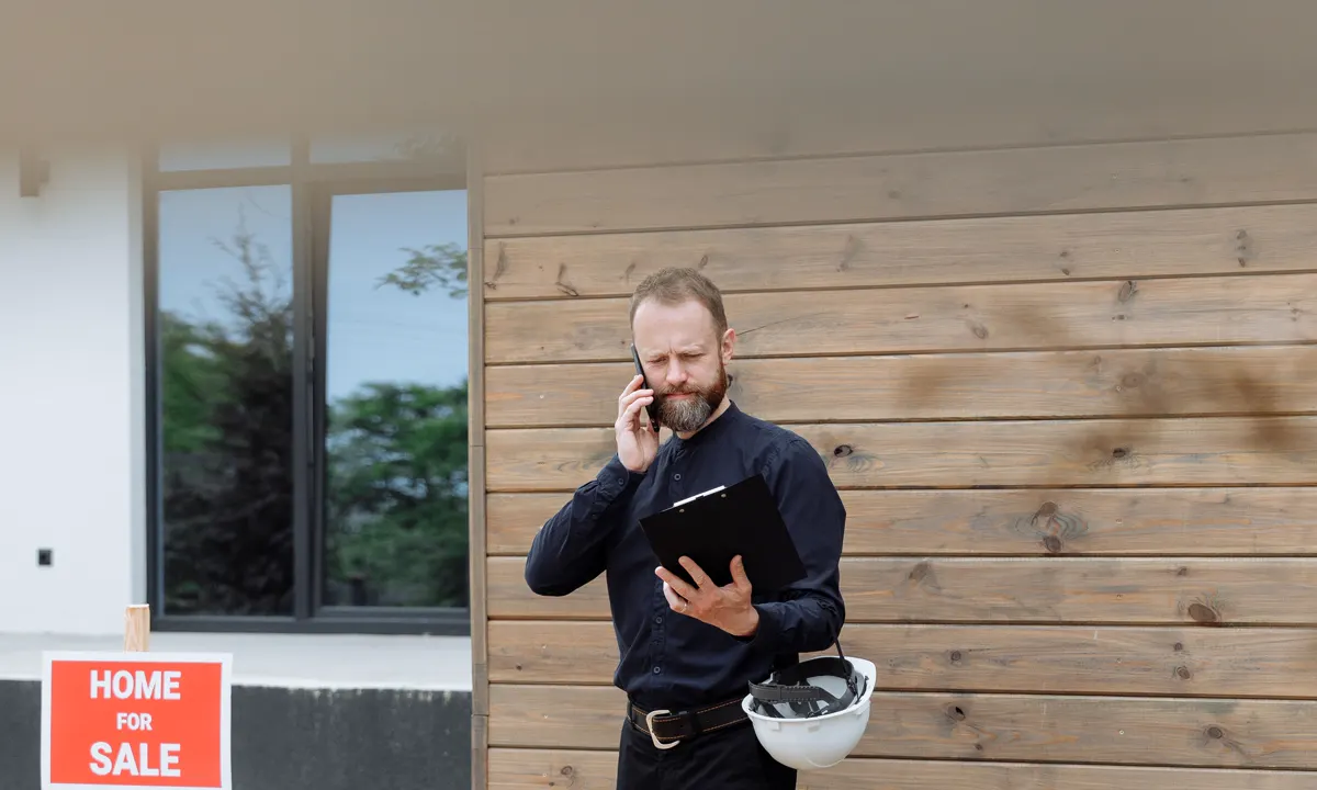 Property professional reviewing a clipboard outside a home