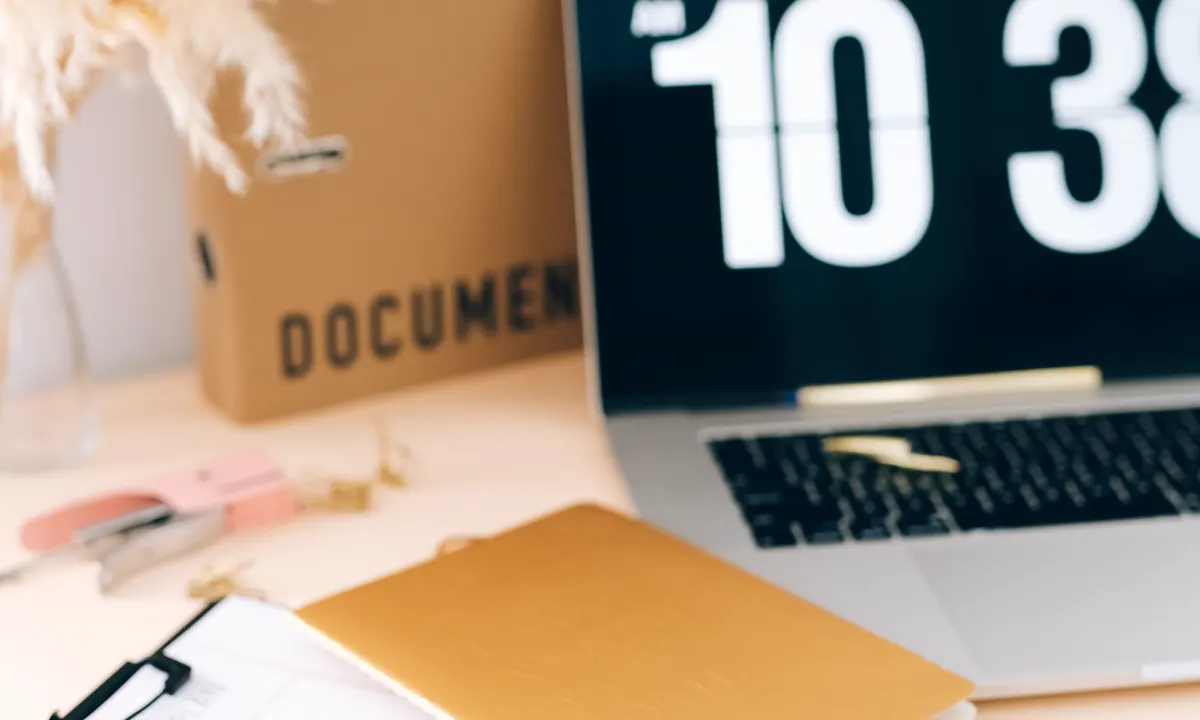 Documents, clipboard, and laptop arranged on a desk