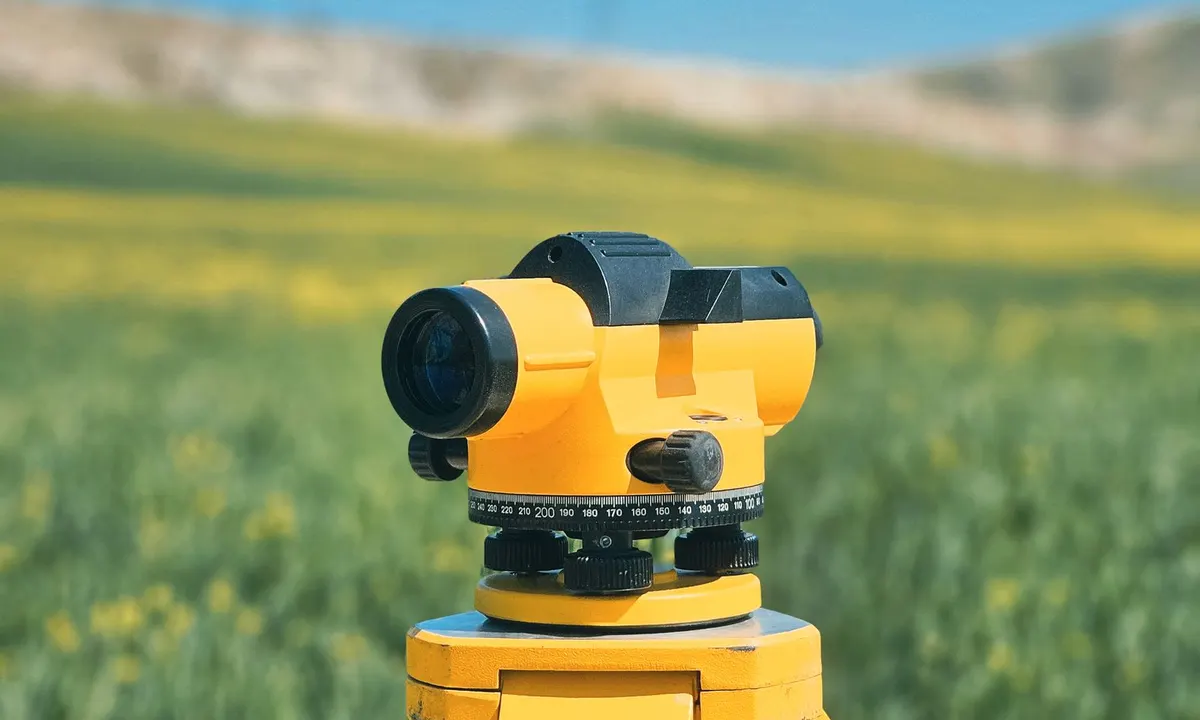 Yellow surveyor’s level on a tripod in a green field under a blue sky